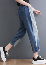 Load image into Gallery viewer, French Blue Asymmetrical Patchwork Drawstring Elastic Waist Denim Crop Pants Spring