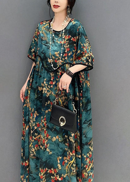 French Blue O Neck Print Wrinkled Patchwork Cotton Dresses Summer