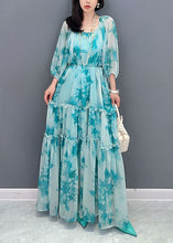 Load image into Gallery viewer, French Blue O Neck Ruffled Patchwork Long Chiffon Dress Summer