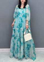 Load image into Gallery viewer, French Blue O Neck Ruffled Patchwork Long Chiffon Dress Summer
