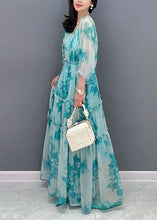 Load image into Gallery viewer, French Blue O Neck Ruffled Patchwork Long Chiffon Dress Summer