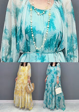 Load image into Gallery viewer, French Blue O Neck Ruffled Patchwork Long Chiffon Dress Summer