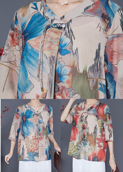 French Blue Oversized Print Chiffon Blouses Summer