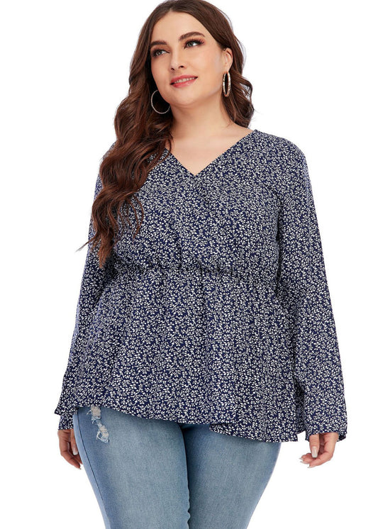 French Blue Print Wrinkled Chiffon Shirt Fall