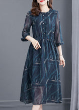 Load image into Gallery viewer, French Blue Ruffled Print Chiffon Cinched Dress Bracelet Sleeve