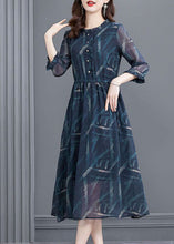 Load image into Gallery viewer, French Blue Ruffled Print Chiffon Cinched Dress Bracelet Sleeve