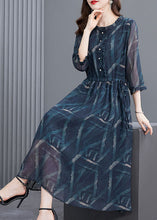 Load image into Gallery viewer, French Blue Ruffled Print Chiffon Cinched Dress Bracelet Sleeve