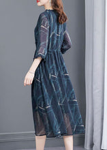 Load image into Gallery viewer, French Blue Ruffled Print Chiffon Cinched Dress Bracelet Sleeve