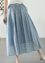 French Blue Wrinkled Print Elastic Waist Patchwork Cotton Skirt Summer
