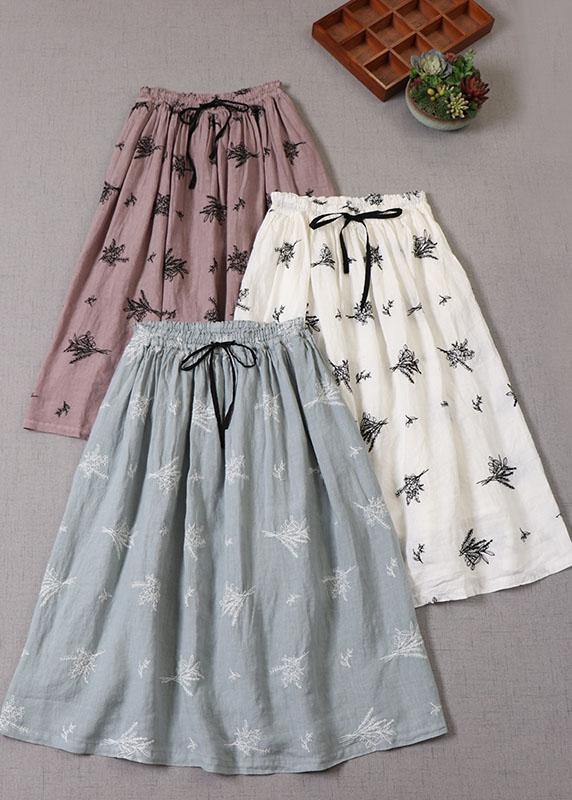 French Blue tie waist Embroideried Fall Pockets Skirt