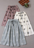 French Blue tie waist Embroideried Fall Pockets Skirt