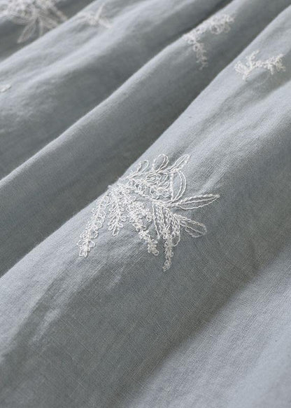 French Blue tie waist Embroideried Fall Pockets Skirt