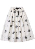 French Blue tie waist Embroideried Fall Pockets Skirt