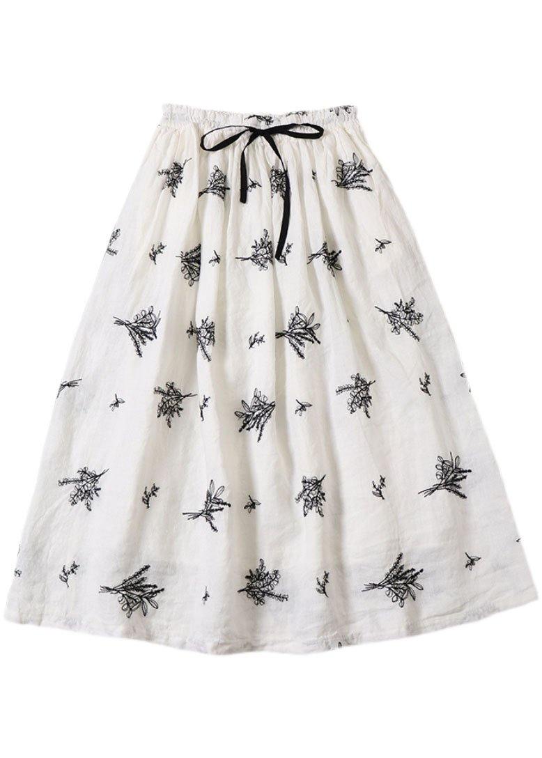 French Blue tie waist Embroideried Fall Pockets Skirt