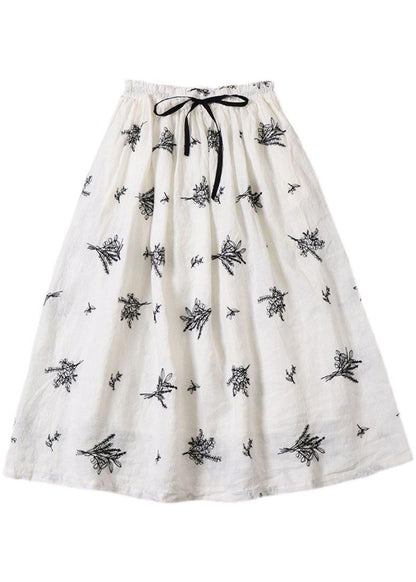 French Blue tie waist Embroideried Fall Pockets Skirt