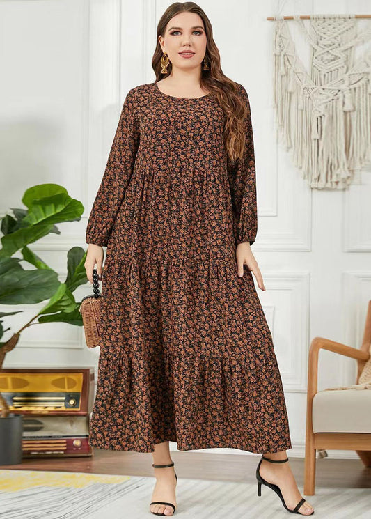 French Coffee Ruffled Print Patchwork Chiffon Long Dress Fall