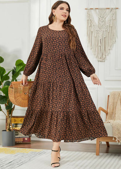 French Coffee Ruffled Print Patchwork Chiffon Long Dress Fall
