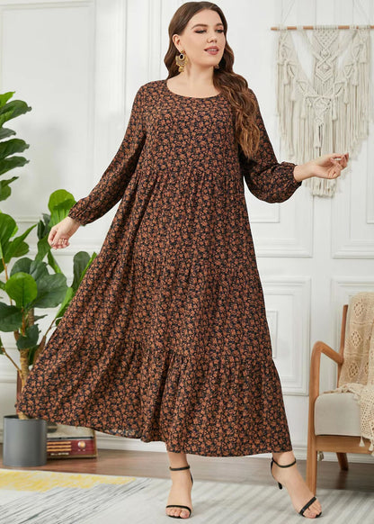 French Coffee Ruffled Print Patchwork Chiffon Long Dress Fall