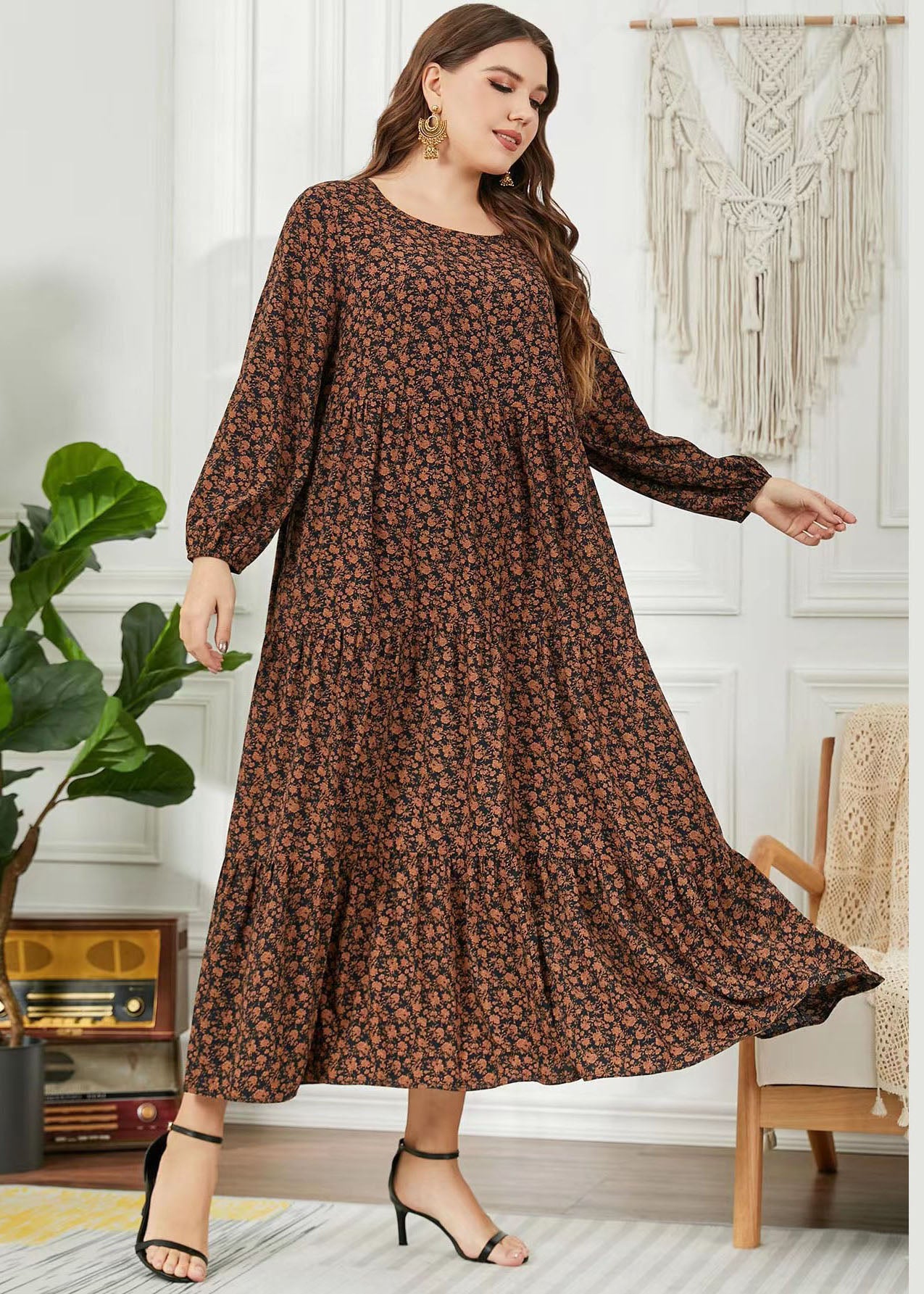 French Coffee Ruffled Print Patchwork Chiffon Long Dress Fall