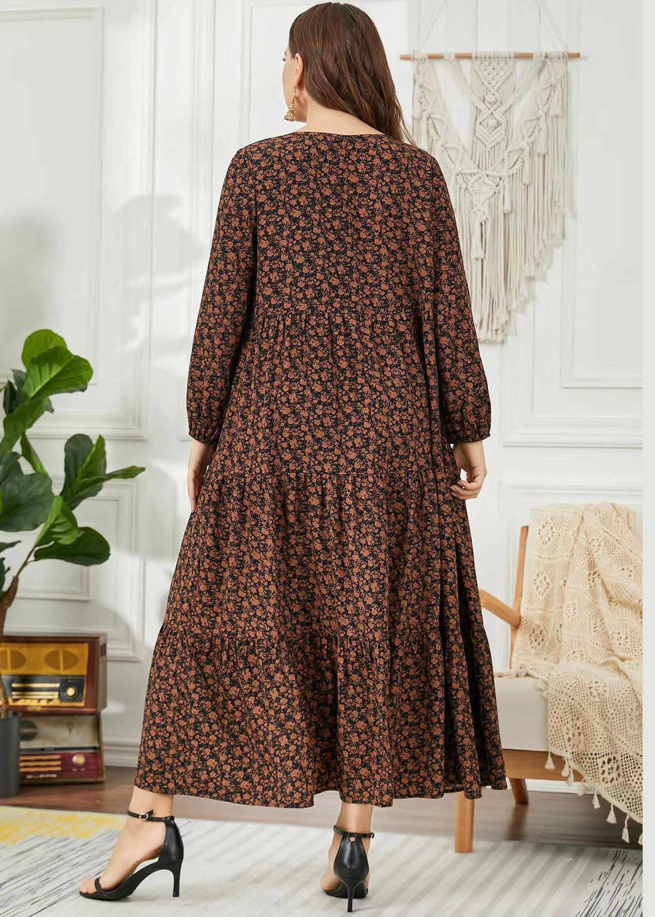 French Coffee Ruffled Print Patchwork Chiffon Long Dress Fall