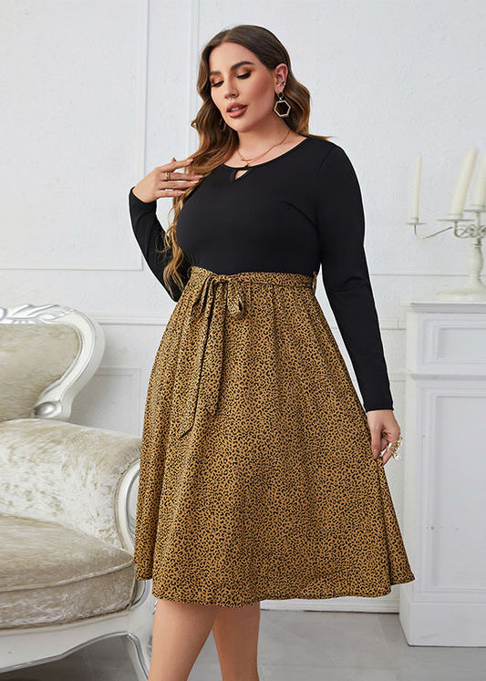 French Colorblock O Neck Leopard Lace Up Patchwork Cotton Dress Long Sleeve