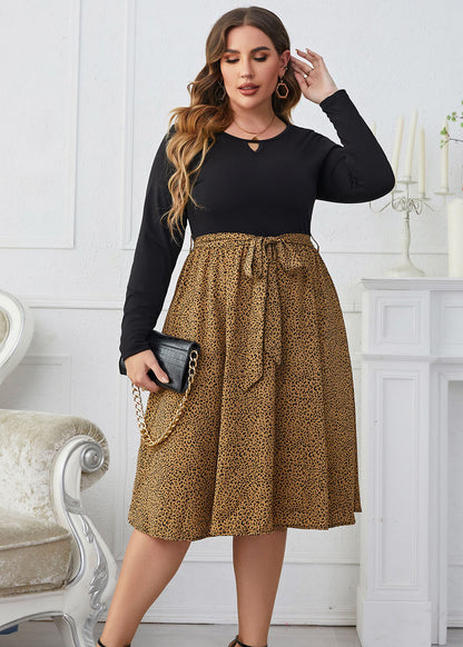 French Colorblock O Neck Leopard Lace Up Patchwork Cotton Dress Long Sleeve