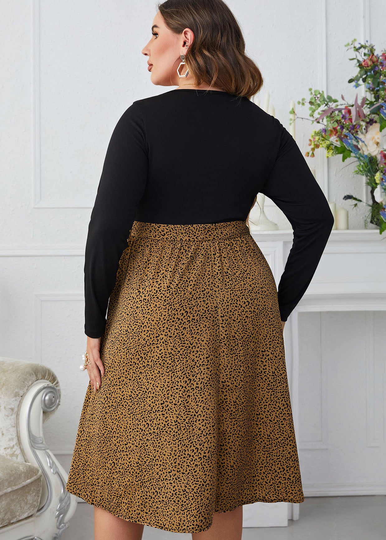 French Colorblock O Neck Leopard Lace Up Patchwork Cotton Dress Long Sleeve