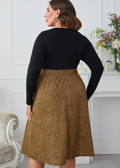 French Colorblock O Neck Leopard Lace Up Patchwork Cotton Dress Long Sleeve