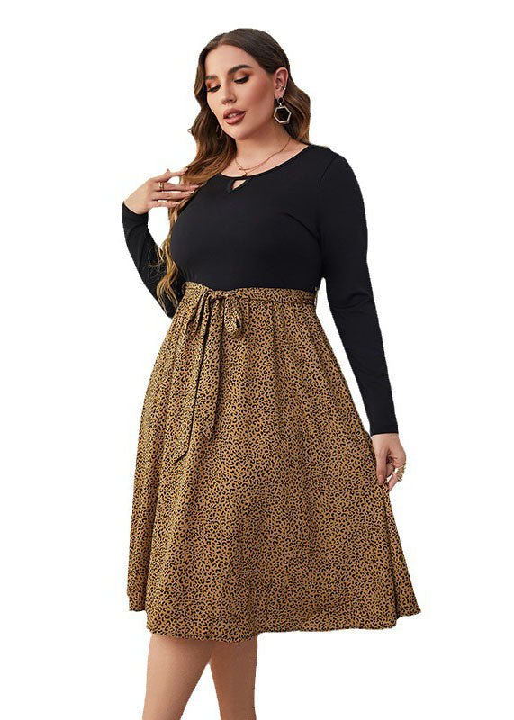 French Colorblock O Neck Leopard Lace Up Patchwork Cotton Dress Long Sleeve