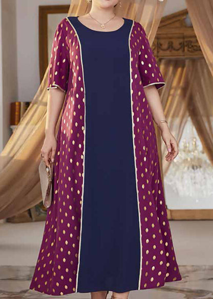 French Colorblock O Neck Print Patchwork Chiffon Long Dress Summer