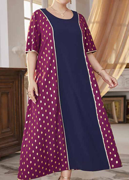 French Colorblock O Neck Print Patchwork Chiffon Long Dress Summer