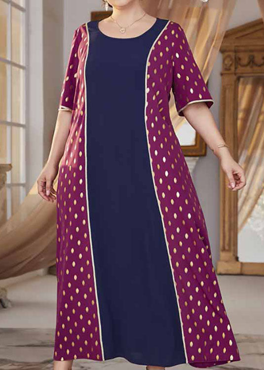 French Colorblock O Neck Print Patchwork Chiffon Long Dress Summer