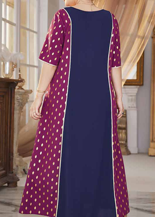 French Colorblock O Neck Print Patchwork Chiffon Long Dress Summer