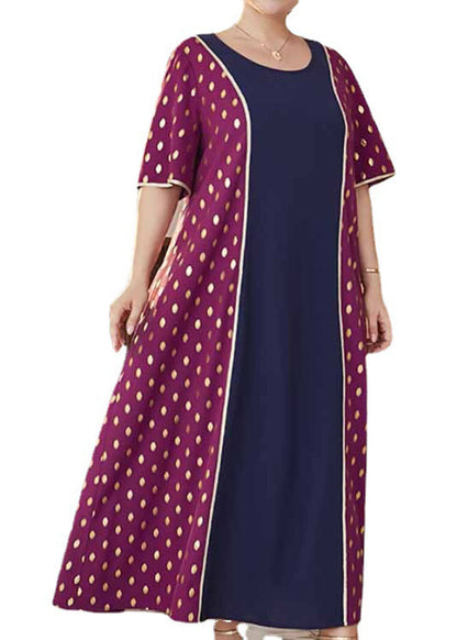 French Colorblock O Neck Print Patchwork Chiffon Long Dress Summer