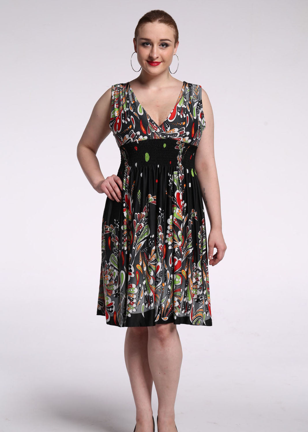 French Colorblock V Neck Print Wrinkled Silk Mid Dress Summer