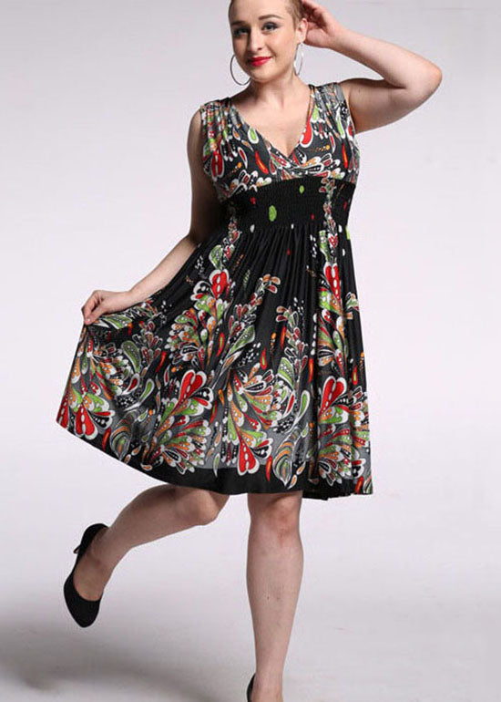 French Colorblock V Neck Print Wrinkled Silk Mid Dress Summer