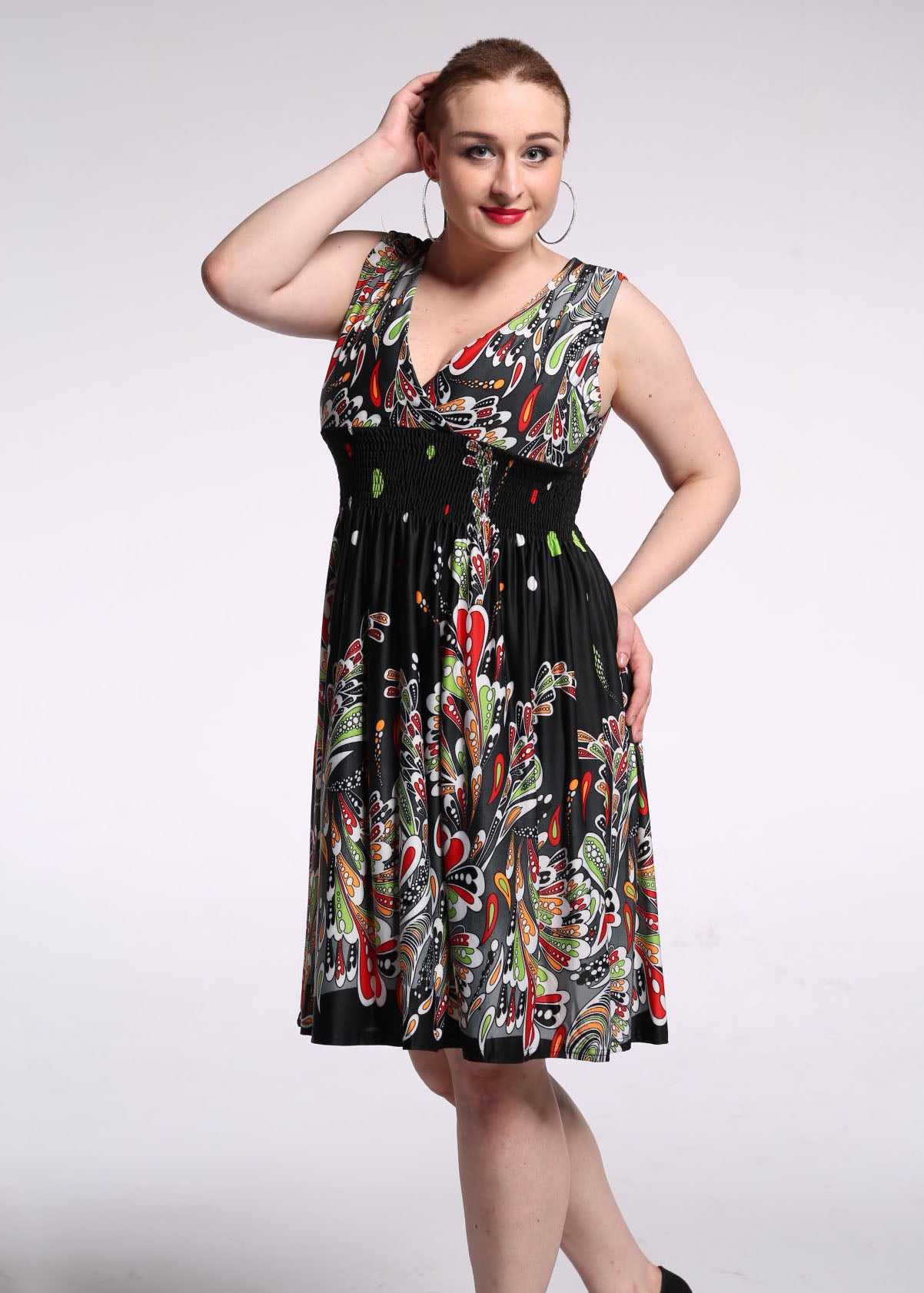 French Colorblock V Neck Print Wrinkled Silk Mid Dress Summer