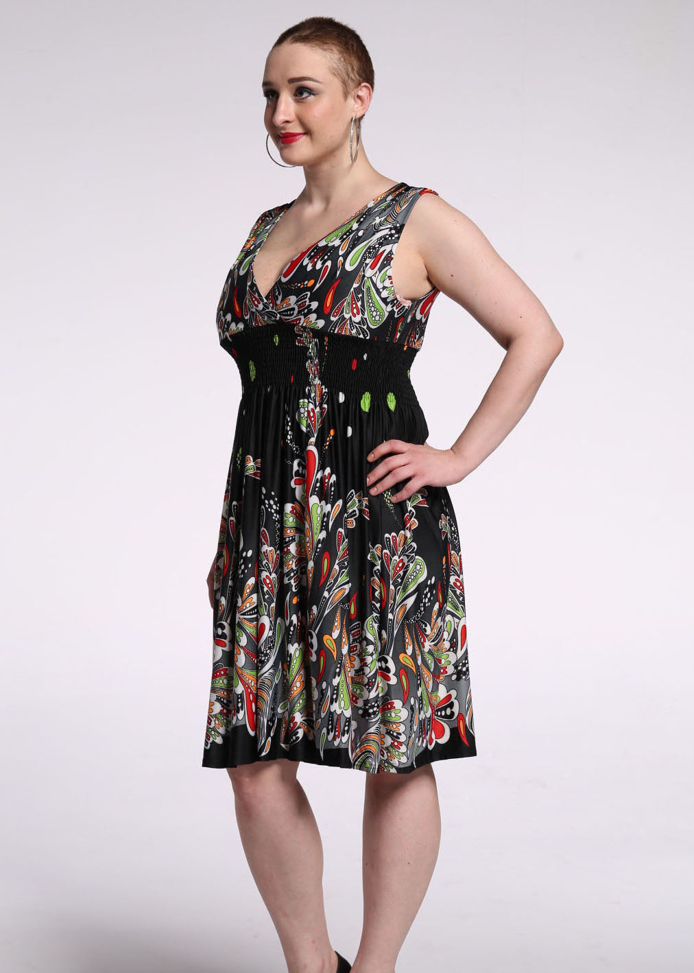 French Colorblock V Neck Print Wrinkled Silk Mid Dress Summer