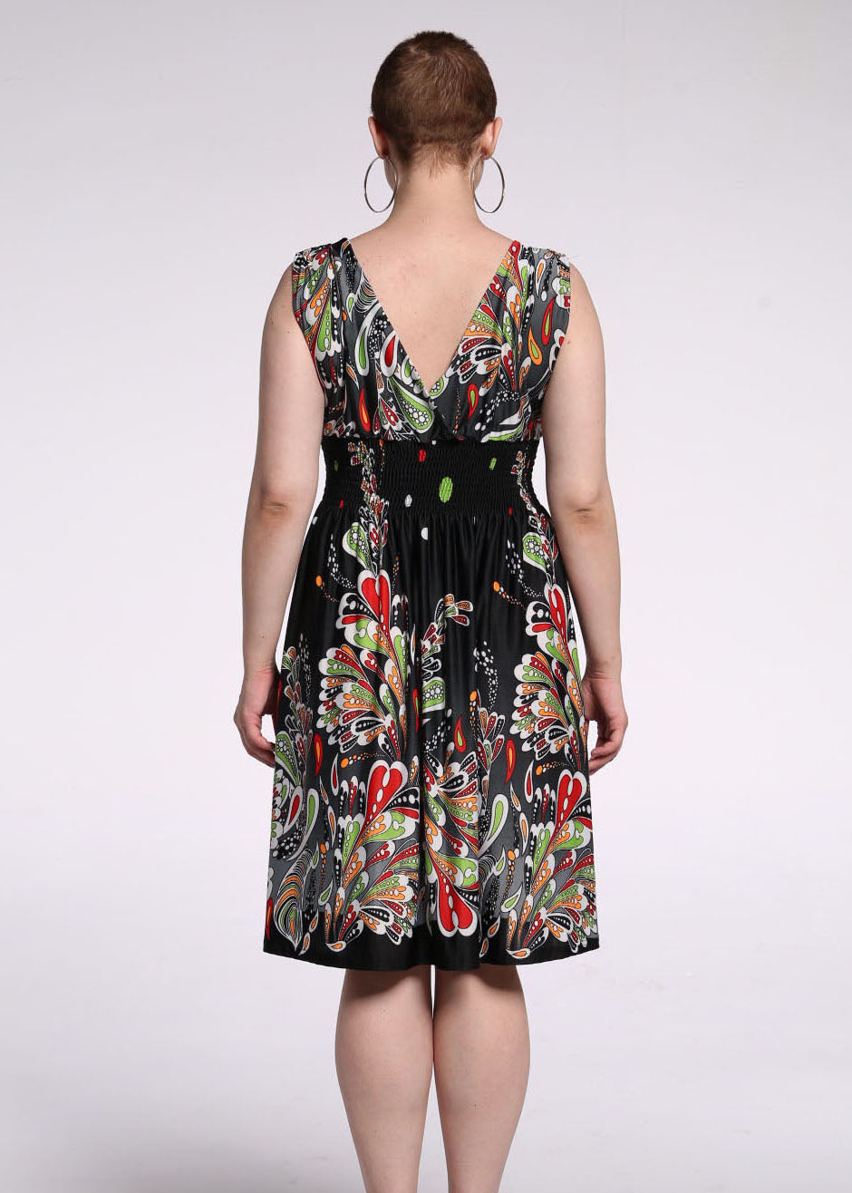 French Colorblock V Neck Print Wrinkled Silk Mid Dress Summer