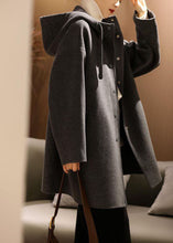 Load image into Gallery viewer, French Dark Gray Drawstring Button Hoodie Wool Blend Coat Long Sleeve