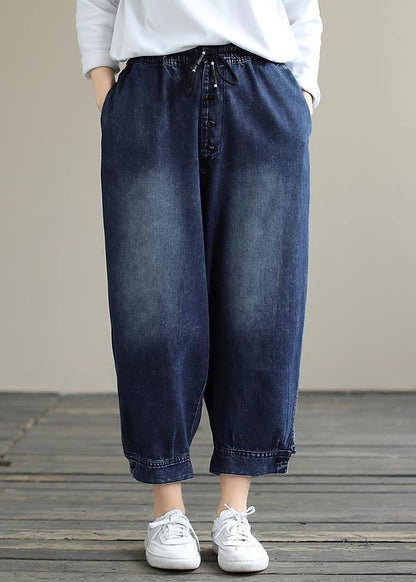 French Denim Blue Pants Plus Size Spring Elastic Waist Pockets Inspiration Women Pants
