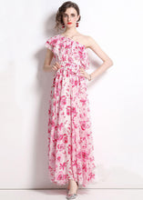 Load image into Gallery viewer, French Floral One-Shoulder Print Patchwork Chiffon Beach Dresses Summer