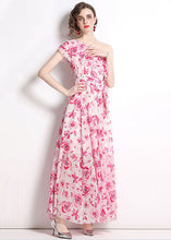 Load image into Gallery viewer, French Floral One-Shoulder Print Patchwork Chiffon Beach Dresses Summer