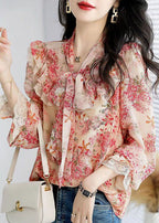 French Green Bow Collar Patchwork Ruffles Print Chiffon Shirts Spring