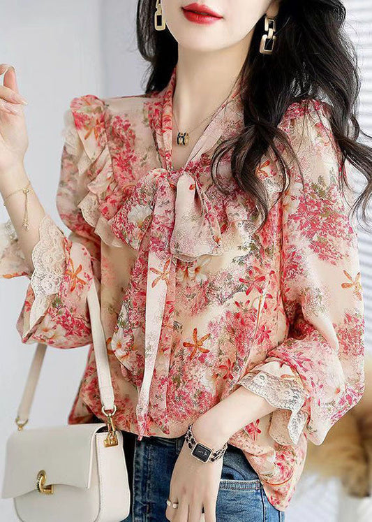 French Green Bow Collar Patchwork Ruffles Print Chiffon Shirts Spring