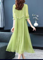 French Green O-Neck Lace Up Exra Large Hem Silk Long Dress Half Sleeve
