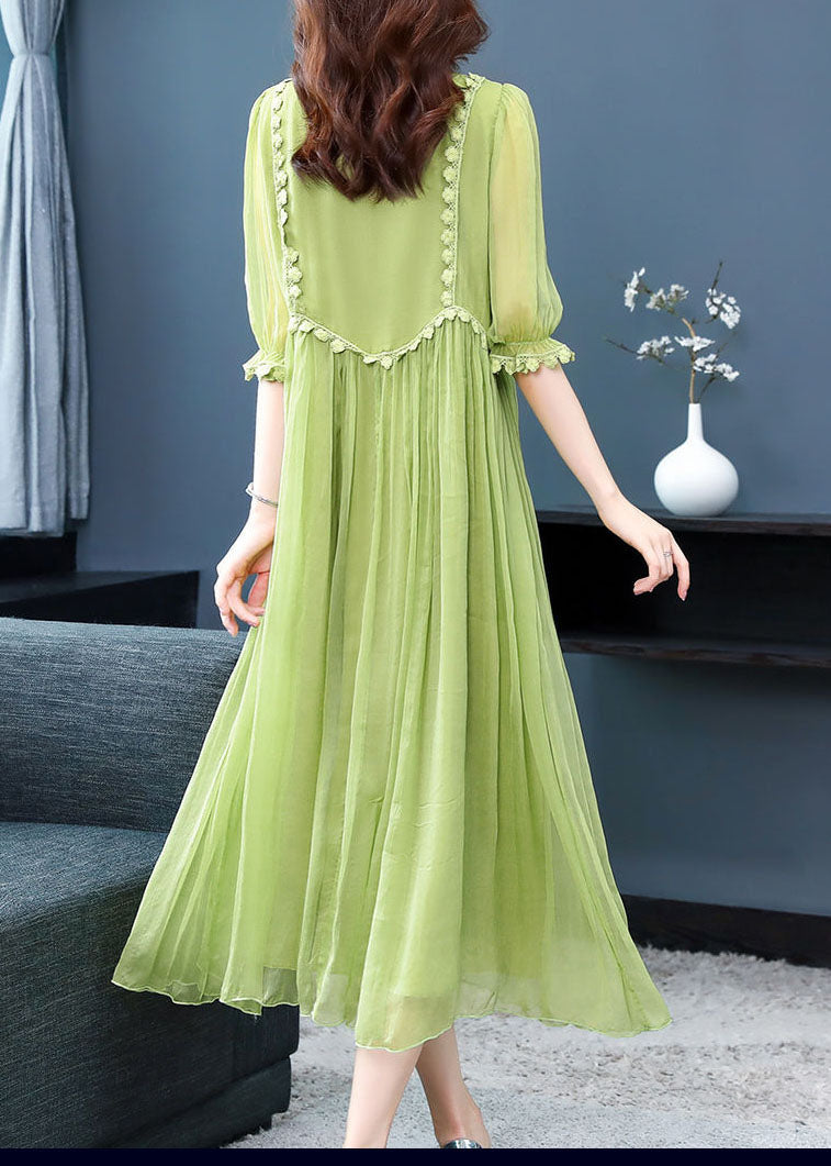 French Green O-Neck Lace Up Exra Large Hem Silk Long Dress Half Sleeve