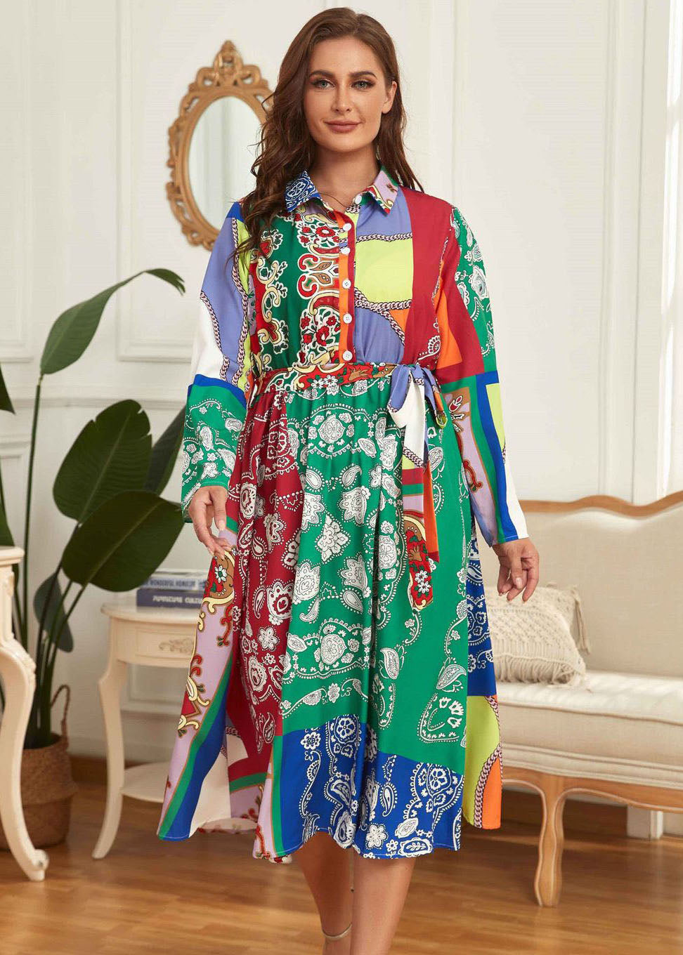 French Green Peter Pan Collar Print Tie Waist Patchwork Chiffon Dress Fall