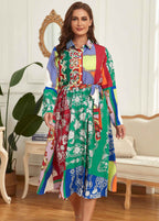 French Green Peter Pan Collar Print Tie Waist Patchwork Chiffon Dress Fall