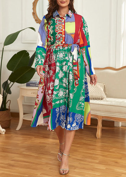 French Green Peter Pan Collar Print Tie Waist Patchwork Chiffon Dress Fall